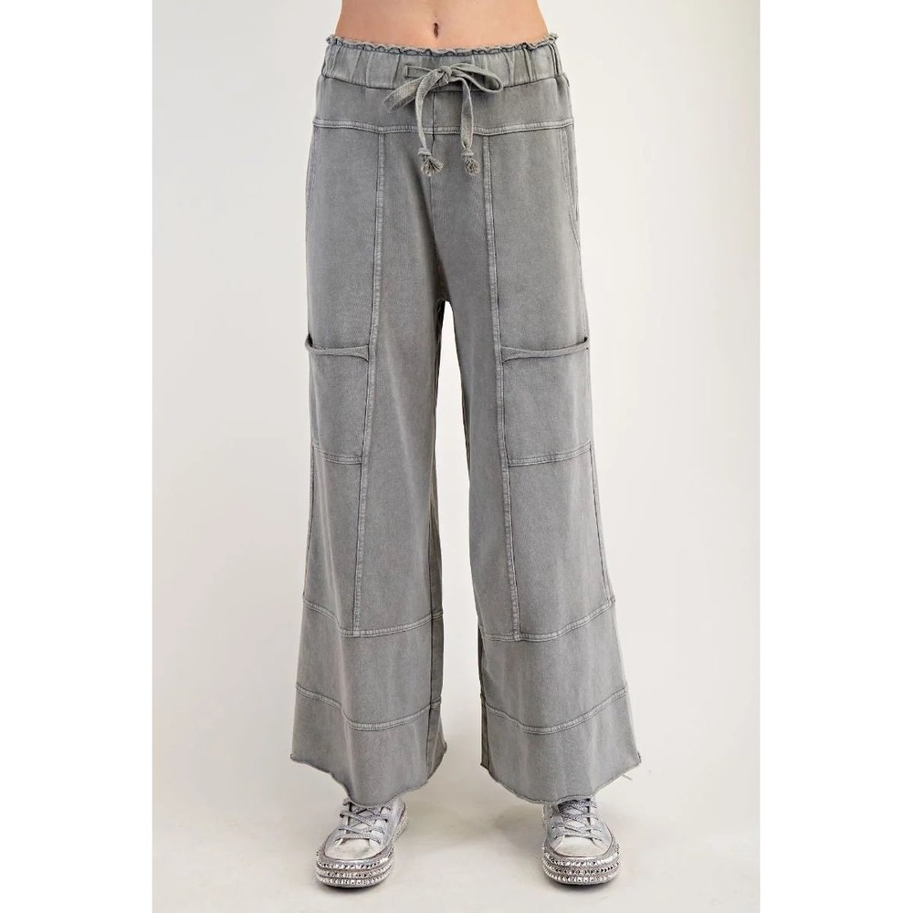 Easel Women Mineral Wash Wide Leg Cargo Pants Charcoal Grey Drawstring Ruffle L